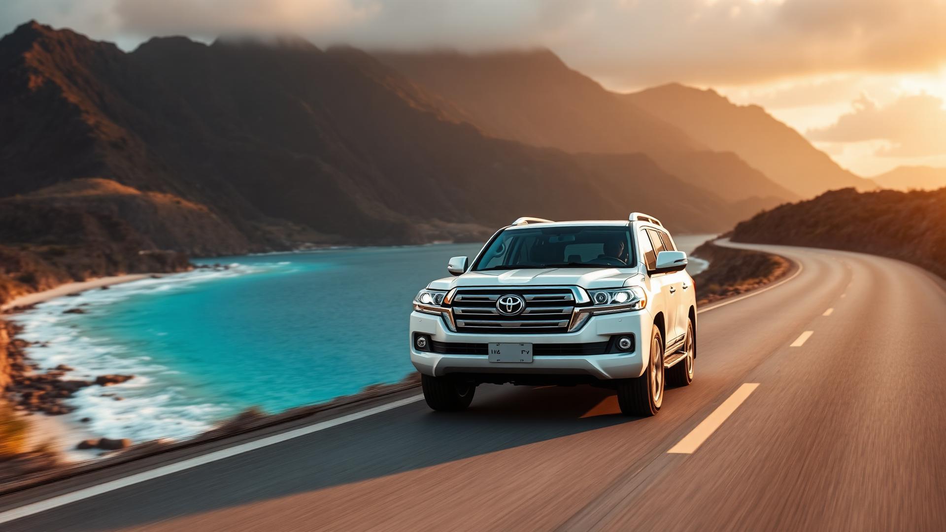 Premium SUV on a coastal Haitian road at golden hour